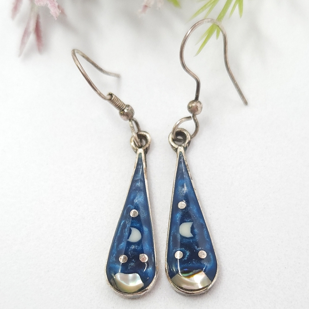 Vintage Silver Metallic Blue & Mother of Pearl Abalone Moon Landscape Earrings
